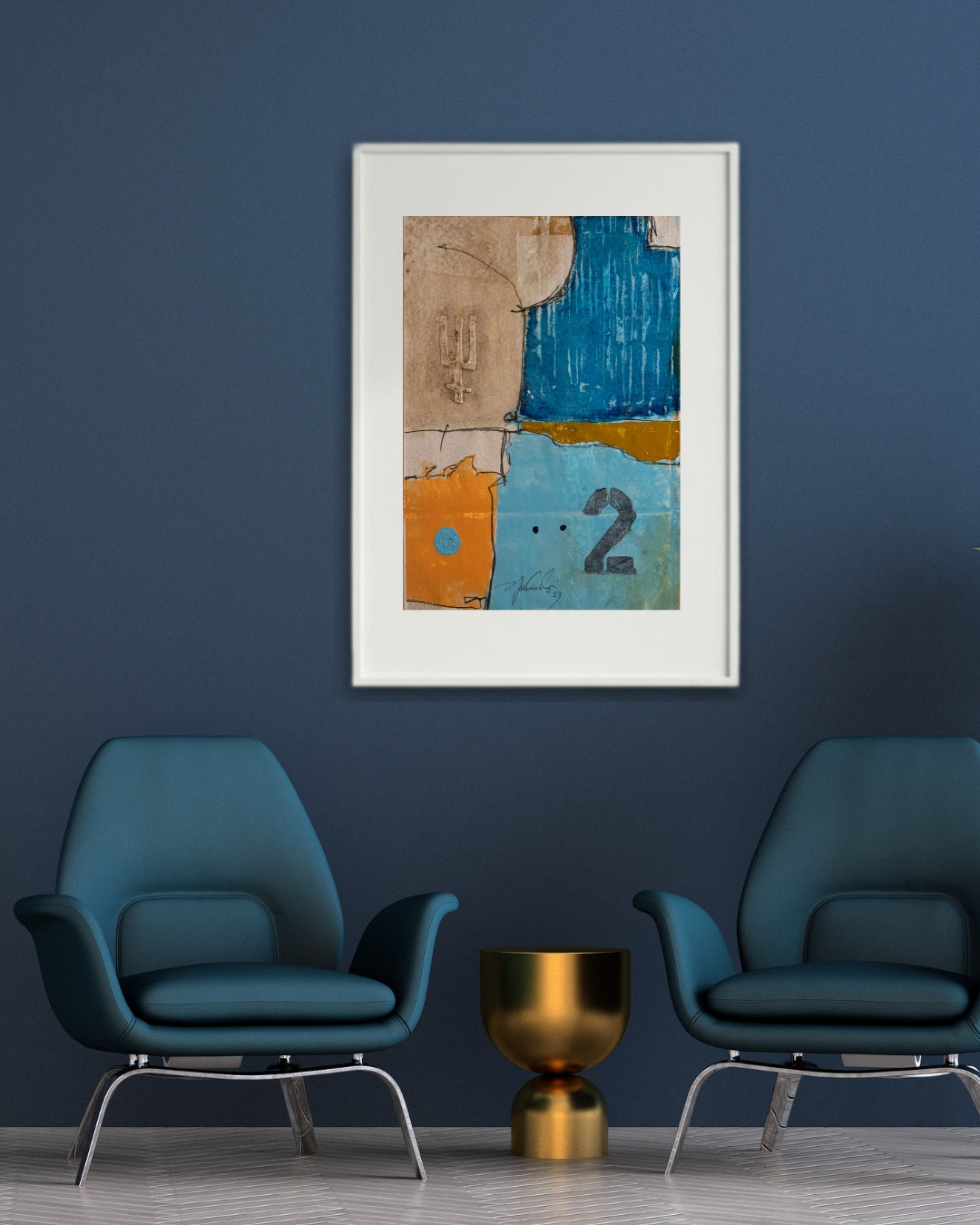 Abstraktes Werk „009_2023“ von Peter Jaschinski aus Wuppertal: Vertikal gegliederte Farbflächen in Blau, Ocker und Braun mit schwarzen grafischen Linien und haptischen Strukturen auf Papier.