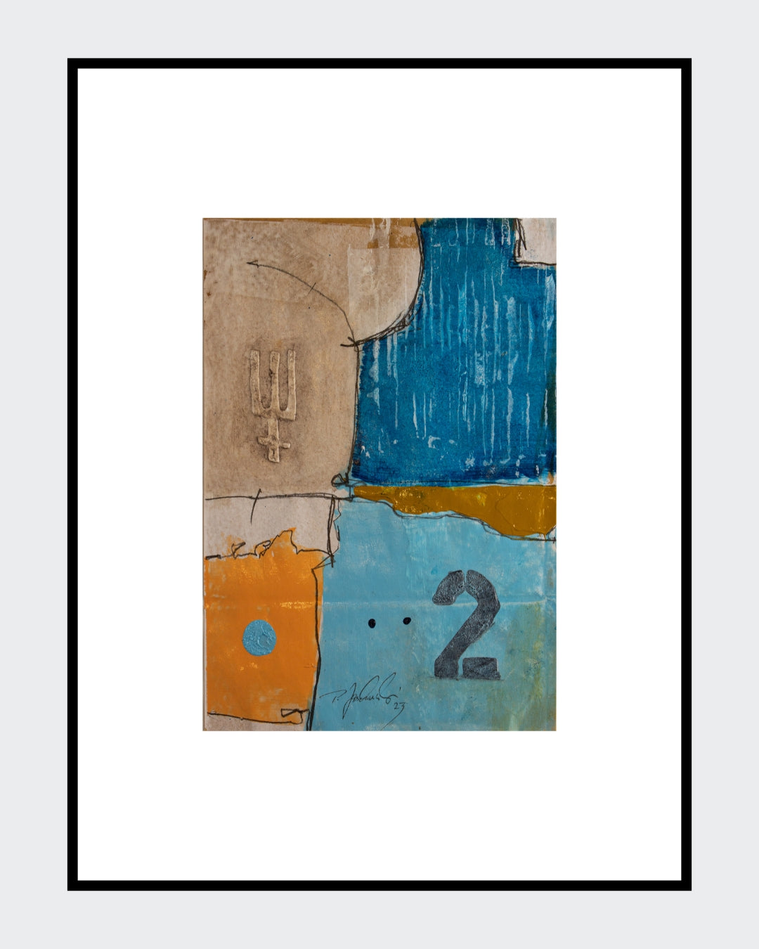 Abstraktes Werk „009_2023“ von Peter Jaschinski: Vertikal gegliederte Farbflächen in Blau, Ocker und Braun mit schwarzen grafischen Linien und haptischen Strukturen auf Papier.