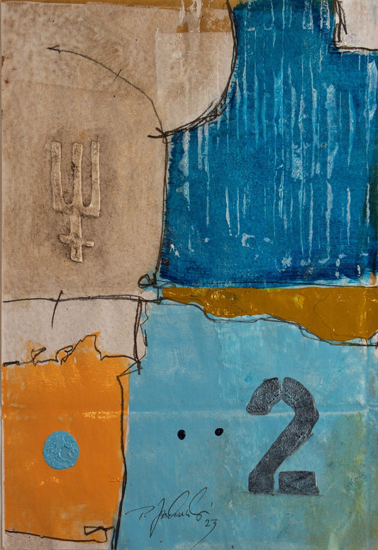 Abstraktes Werk „009_2023“ von Peter Jaschinski: Vertikal gegliederte Farbflächen in Blau, Ocker und Braun mit schwarzen grafischen Linien und haptischen Strukturen auf Papier.