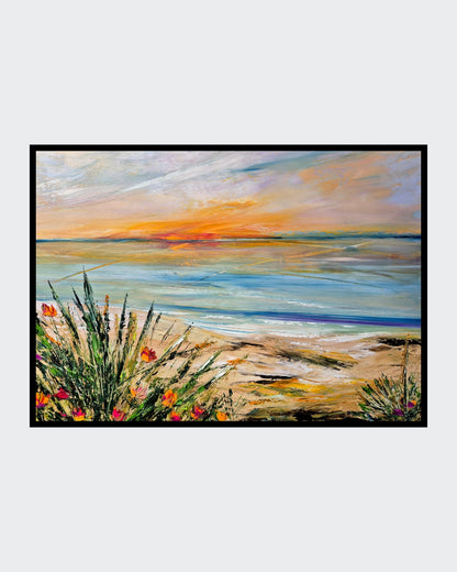 Abstraktes Ölgemälde "Am Abend" von Petra Erengil, 50x70 cm. Abendliche Küstenlandschaft mit orange-gelbem Himmel, ruhigem Meer und Strandgras. Florale abstrakte Malerei. ARTSPACER