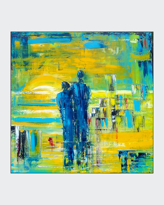 Abstraktes Ölgemälde "Beziehung" von Petra Erengil, 80x80 cm. Zwei blaue Silhouetten vor einem hellgelben, urbanen Hintergrund. Abstrakte Figurendarstellung. ARTSPACER