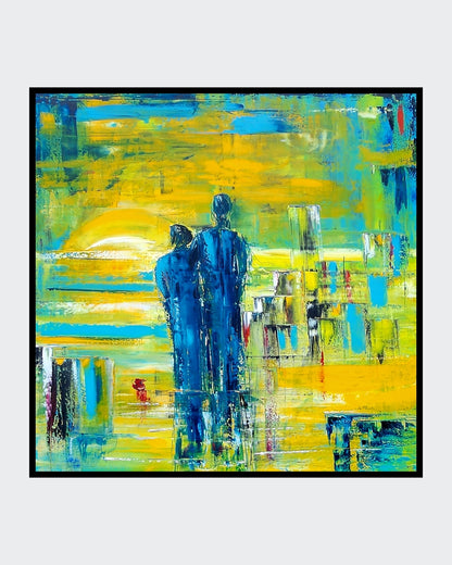 Abstraktes Ölgemälde "Beziehung" von Petra Erengil, 80x80 cm. Zwei blaue Silhouetten vor einem hellgelben, urbanen Hintergrund. Abstrakte Figurendarstellung. ARTSPACER