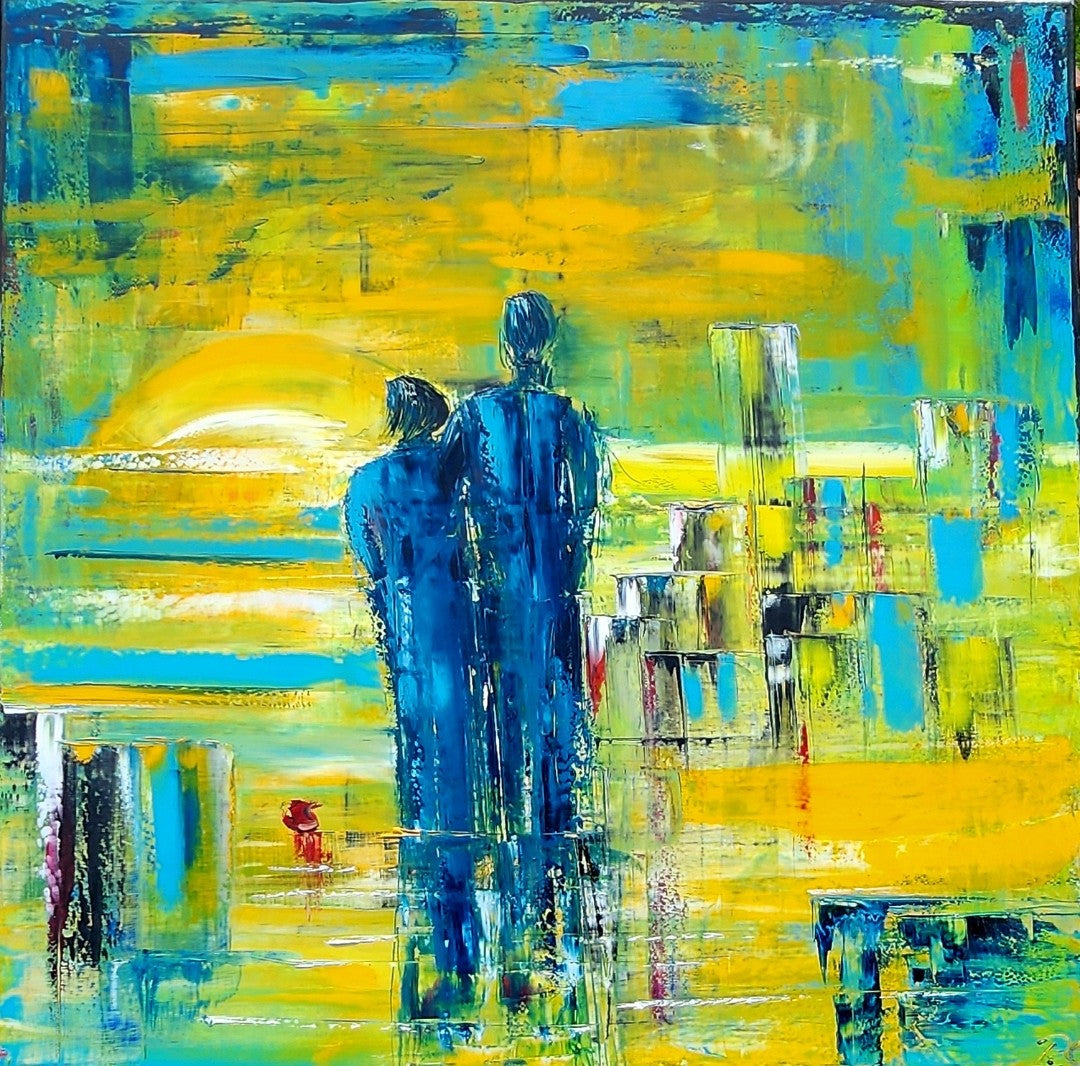 Abstraktes Ölgemälde "Beziehung" von Petra Erengil, 80x80 cm. Zwei blaue Silhouetten vor einem hellgelben, urbanen Hintergrund. Abstrakte Figurendarstellung. ARTSPACER