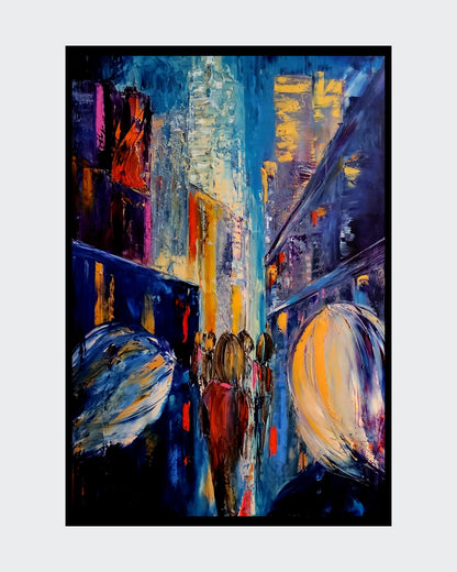 Das Gemälde “Cityglow” von Petra Erengil zeigt eine lebhafte Straßenszene bei Nacht. Hohe Gebäude säumen die Straße, die von Menschenmengen belebt ist. Die pastöse Spachteltechnik mit Ölfarben verleiht dem Bild eine faszinierende Struktur und Tiefe, die die Energie und Dynamik des städtischen Lebens einfängt. ARTSPACER.