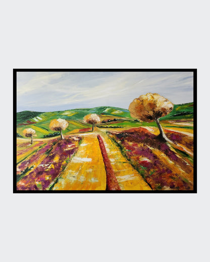 “Der Feldweg” von Petra Erengil ist ein ausdrucksstarkes Ölgemälde, das die Schönheit und Ruhe ländlicher Landschaften einfängt. Auf einer großzügigen Leinwand von 80 x 120 cm entfaltet sich eine Szene, die durch ihre lebendigen Farben “Der Feldweg” von Petra Erengil ist ein lebendiges Ölgemälde, das die Ruhe der Natur einfängt. Ein geschwungener Weg führt durch ein farbenfrohes Feld, umgeben von Bäumen in warmen Gelb- und Brauntönen. ARTSPACER.