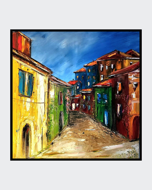 Das Gemälde “Die Pension” von Petra Erengil zeigt eine belebte Straßenszene mit mehrstöckigen Gebäuden in warmen Gelb- und Rottönen, kontrastiert von einem kühlen blauen Himmel. Die pastöse Technik verleiht dem Bild eine faszinierende Struktur. ARTSPACER