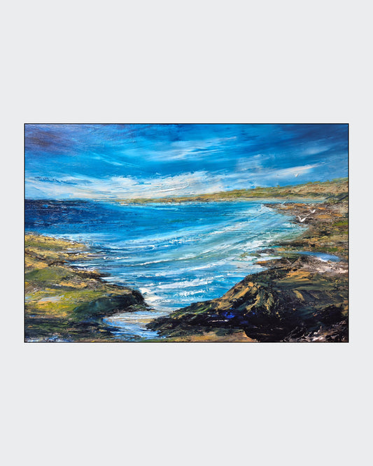 Abstraktes Ölgemälde "Im Norden" von Petra Erengil, 70x100 cm. Küstenlandschaft mit tiefblauem Meer, Felsen, hohen Wellen und Spachteltechnik. Abstrakte Nordseelandschaft. ARTSPACER