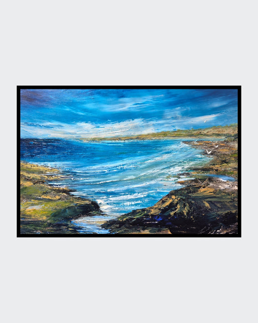 Abstraktes Ölgemälde "Im Norden" von Petra Erengil, 70x100 cm. Küstenlandschaft mit tiefblauem Meer, Felsen, hohen Wellen und Spachteltechnik. Abstrakte Nordseelandschaft. ARTSPACER