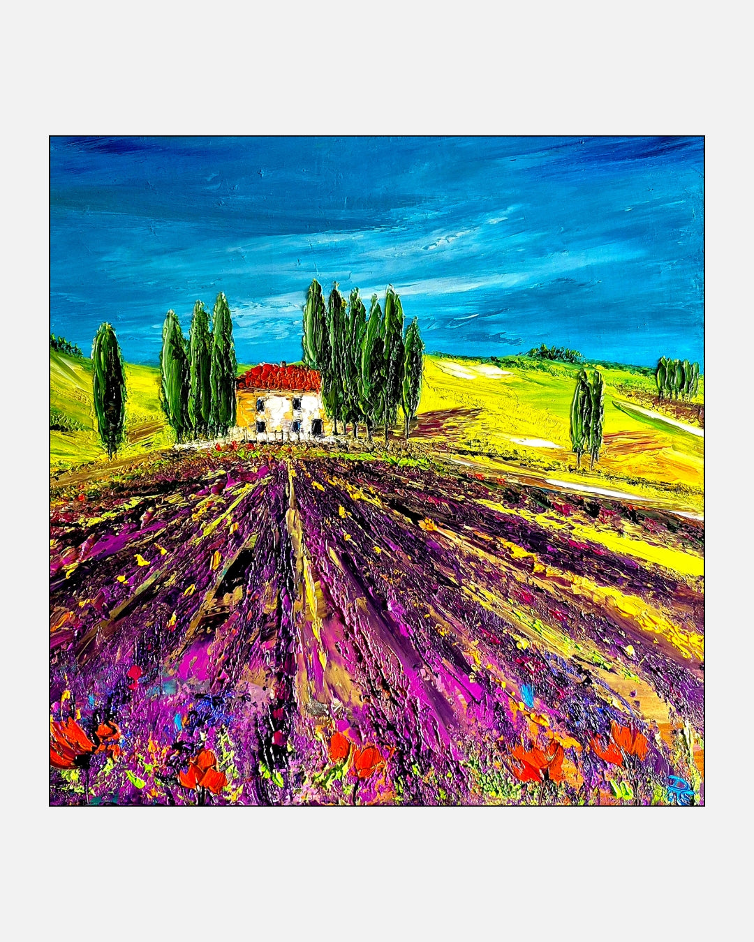 Farbintensive Ölmalerei „Licht. Farbe. Leben.“ von Petra Erengil mit weißem Landhaus, Zypressen und mediterranen Feldern in Violett, Gelb und Grün.