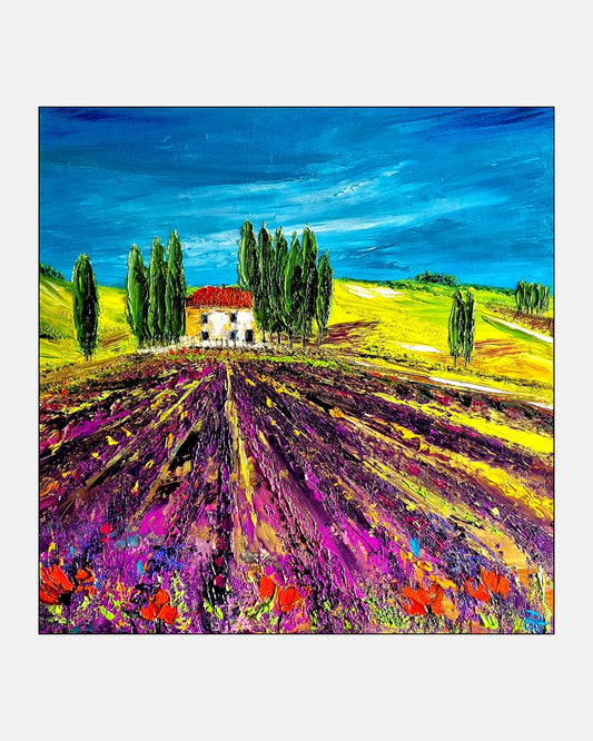 Farbintensive Ölmalerei „Licht. Farbe. Leben.“ von Petra Erengil mit weißem Landhaus, Zypressen und mediterranen Feldern in Violett, Gelb und Grün.