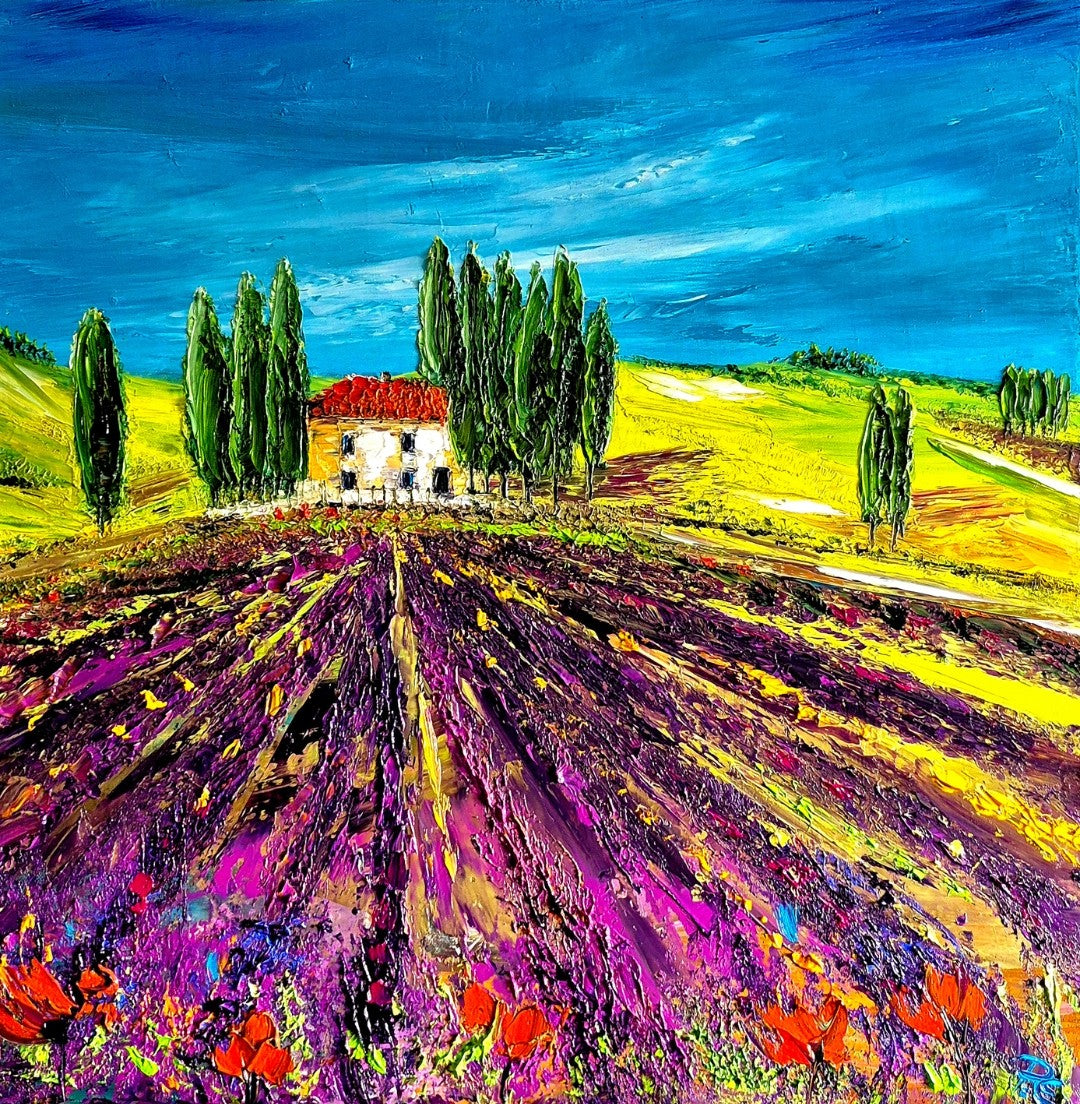 Farbintensive Ölmalerei „Licht. Farbe. Leben.“ von Petra Erengil mit weißem Landhaus, Zypressen und mediterranen Feldern in Violett, Gelb und Grün.
