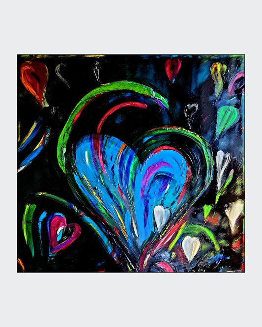 Ein quadratisches Gemälde (1x1 Meter) in Acryl auf Leinwand. Lebendige Herzformen in Blau, Grün, Rot und Weiß heben sich vor einem tiefschwarzen Hintergrund ab. Die Herzen sind geschwungen und teils ineinander verschlungen, mit dynamischen Farbakzenten, die Energie und Leidenschaft ausstrahlen. ARTSPACER