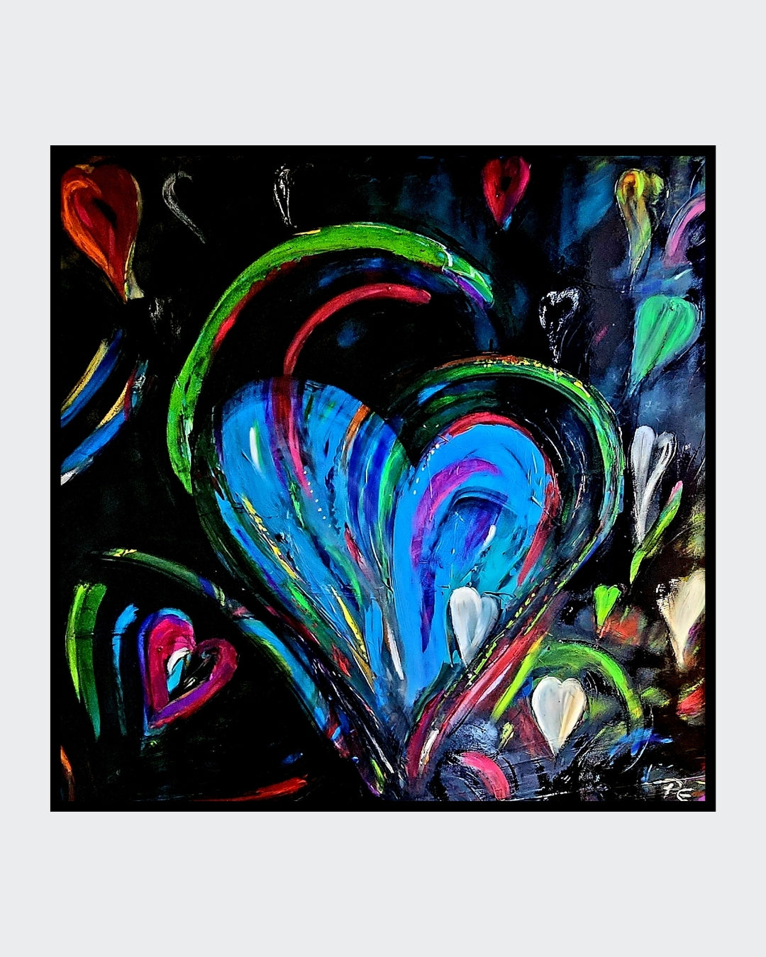 Ein quadratisches Gemälde (1x1 Meter) in Acryl auf Leinwand. Lebendige Herzformen in Blau, Grün, Rot und Weiß heben sich vor einem tiefschwarzen Hintergrund ab. Die Herzen sind geschwungen und teils ineinander verschlungen, mit dynamischen Farbakzenten, die Energie und Leidenschaft ausstrahlen. ARTSPACER