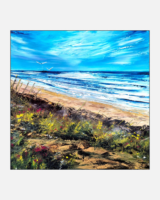 Expressive Ölmalerei „Ostseeküste bei Heiligendamm“ von Petra Erengil mit bewegter Ostsee, blauem Himmel und farbintensiver Küste in Grün, Gelb und Pink.