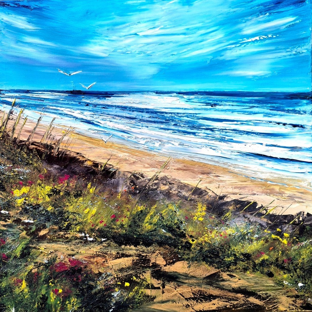 Expressive Ölmalerei „Ostseeküste bei Heiligendamm“ von Petra Erengil mit bewegter Ostsee, blauem Himmel und farbintensiver Küste in Grün, Gelb und Pink.