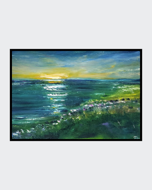 Abstraktes Ölgemälde "Rügen" von Petra Erengil, 70x100 cm. Landschaftsbild mit Sonnenuntergang über dem Meer, grüne Dünen und abstrakte Blumen. Abstrakte Meereslandschaft. ARTSPACER