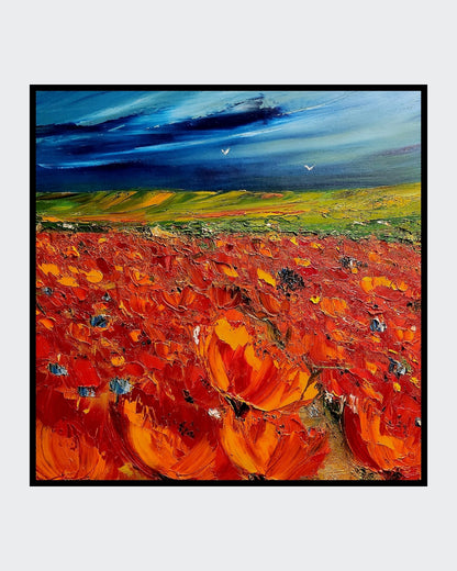 Abstraktes Ölgemälde "Sommer" von Petra Erengil, 50x50 cm. Mohnblumenfeld in Rot und Orange unter einem dunklen, stürmischen blau-grünen Himmel. Florale abstrakte Malerei. ARTSPACER