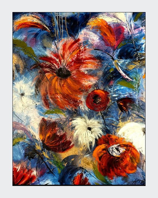 Abstraktes Ölgemälde "Traumfänger" von Petra Erengil, 115x75 cm. Leuchtend rote und weiße Spachtelblumen vor blau-weißem Hintergrund. Abstrakte florale Kunst. ARTSPACER