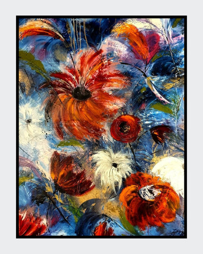 Abstraktes Ölgemälde "Traumfänger" von Petra Erengil, 115x75 cm. Leuchtend rote und weiße Spachtelblumen vor blau-weißem Hintergrund. Abstrakte florale Kunst. ARTSPACER