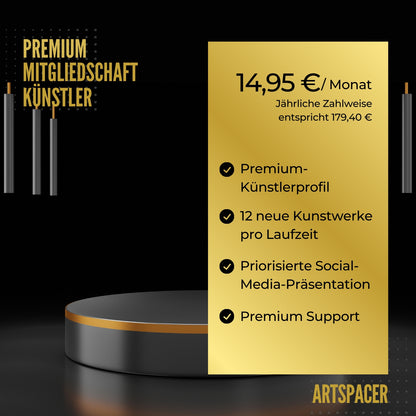 Das Bild bewirbt die Künstler Premium-Mitgliedschaft der Online-Galerie ARTSPACER für 14,95 € pro Monat (entspricht 179,40 € jährlich). 