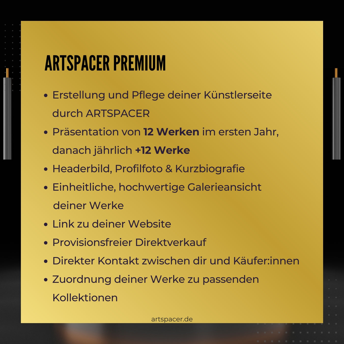 Das Bild bewirbt die Künstler Premium-Mitgliedschaft der Online-Galerie ARTSPACER für 14,95 € pro Monat (entspricht 179,40 € jährlich). 