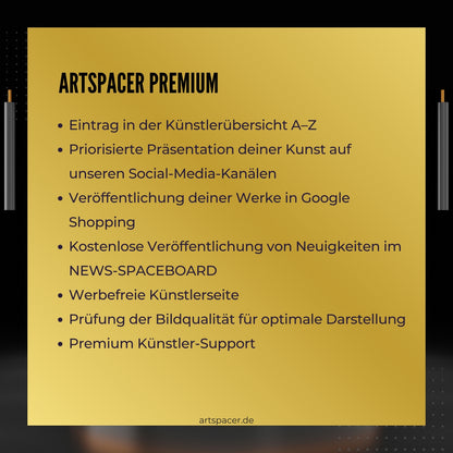 Das Bild bewirbt die Künstler Premium-Mitgliedschaft der Online-Galerie ARTSPACER für 14,95 € pro Monat (entspricht 179,40 € jährlich). 