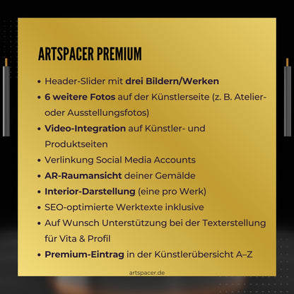 Das Bild bewirbt die Künstler Premium-Mitgliedschaft der Online-Galerie ARTSPACER für 14,95 € pro Monat (entspricht 179,40 € jährlich). 