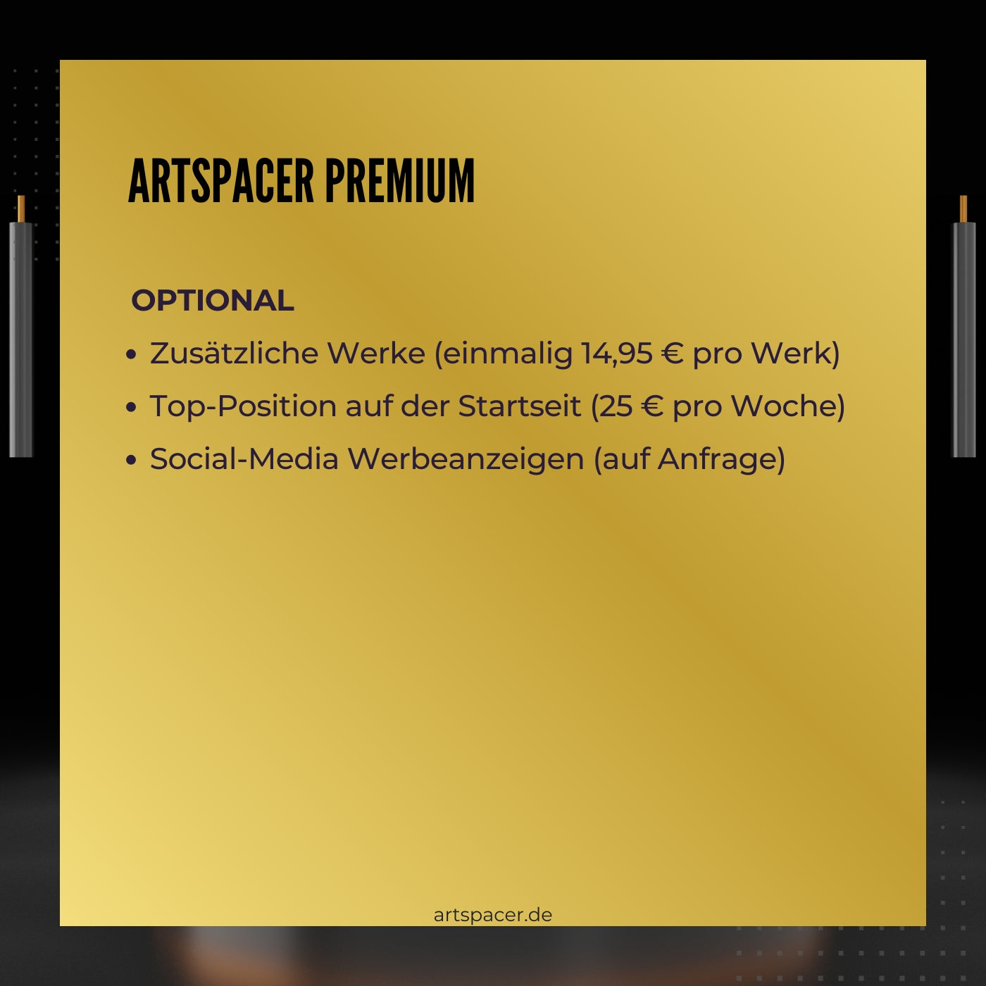 Das Bild bewirbt die Künstler Premium-Mitgliedschaft der Online-Galerie ARTSPACER für 14,95 € pro Monat (entspricht 179,40 € jährlich). 