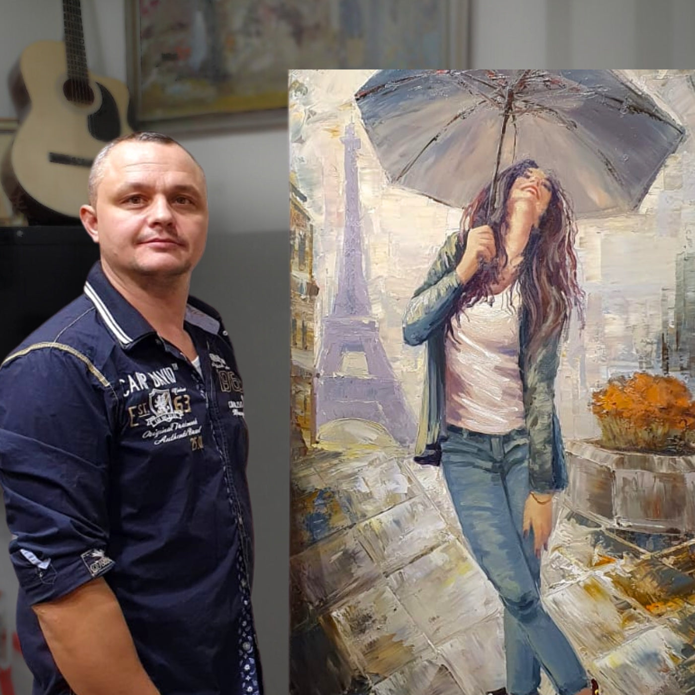 Künstler Vadim Lazarev neben einem Bild von ihm, eine junge Frau mit Regenschirm.