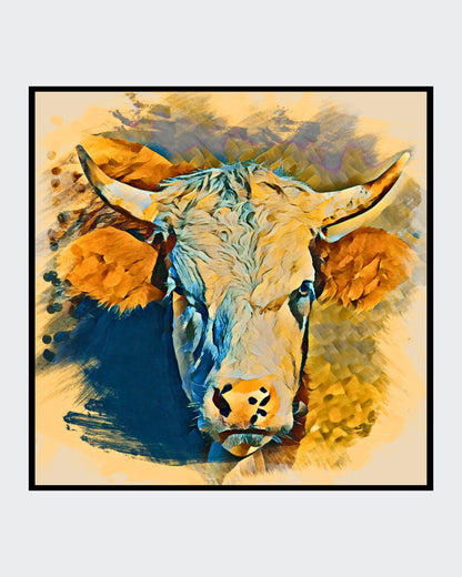 Digital bearbeitetes Porträt einer Kuh mit großen, ausdrucksstarken Augen und markanten Hörnern. Das Bild ist auf Leinwand mit Keilrahmen gespannt und zeigt eine detailreiche Darstellung des Tieres. Von Ralf Sempf bei ARTSPACER
