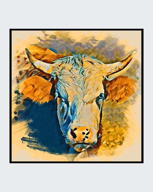 Digital bearbeitetes Porträt einer Kuh mit großen, ausdrucksstarken Augen und markanten Hörnern. Das Bild ist auf Leinwand mit Keilrahmen gespannt und zeigt eine detailreiche Darstellung des Tieres. Von Ralf Sempf bei ARTSPACER