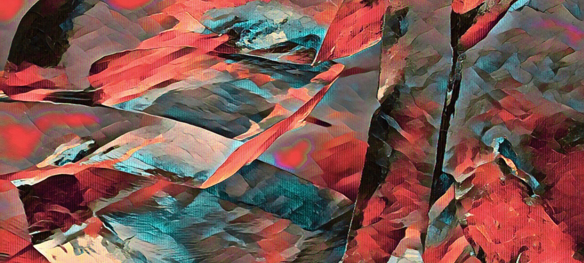 Ein abstraktes, dynamisches Kunstwerk von Ralf Sempf in einer kühlen und zugleich feurigen Farbpalette. Die Komposition besteht aus scharfkantigen, splitterartigen Formen in Türkisblau, tiefem Rot und Violett, die sich wie Eisschollen oder Kristalle überlagern. Eine feine, rasterartige Textur überzieht die Flächen und verleiht dem Bild eine moderne, digitale Tiefe, während leuchtend rote Akzente wie glühende Energiepunkte zwischen den kühlen Blauwerten hervorstechen.