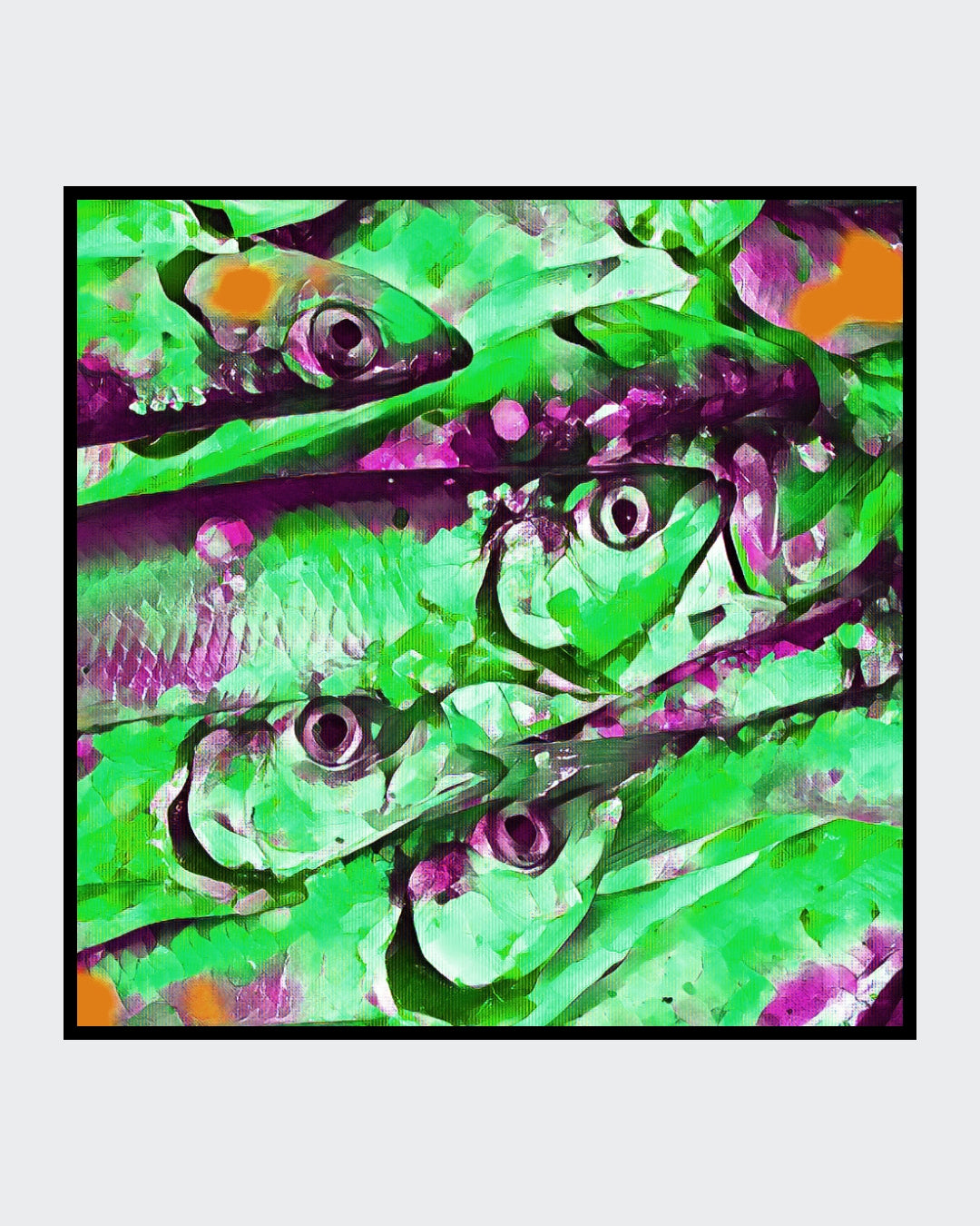 „Heringe in Grün“ – Digitale Fotokunst von Ralf Sempf. Intensiv bearbeitete Nahaufnahme von Fischen in surrealen Grüntönen mit violetten und orangefarbenen Akzenten.