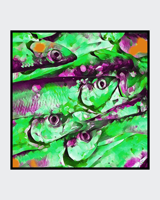 „Heringe in Grün“ – Digitale Fotokunst von Ralf Sempf. Intensiv bearbeitete Nahaufnahme von Fischen in surrealen Grüntönen mit violetten und orangefarbenen Akzenten.