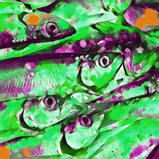 „Heringe in Grün“ – Digitale Fotokunst von Ralf Sempf. Intensiv bearbeitete Nahaufnahme von Fischen in surrealen Grüntönen mit violetten und orangefarbenen Akzenten.