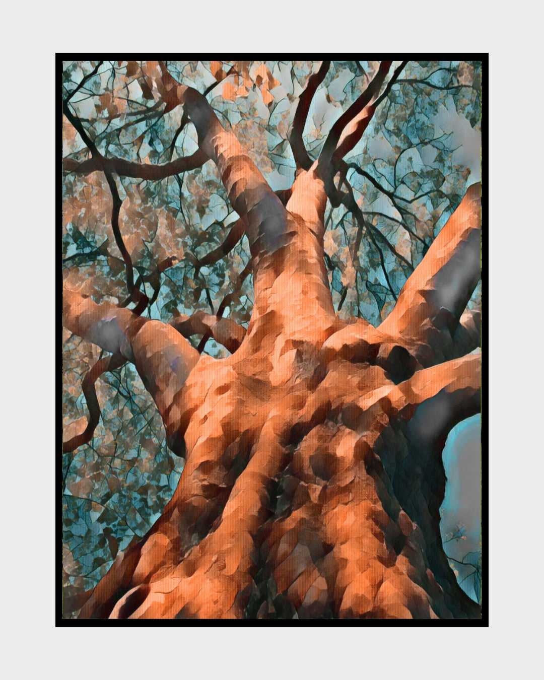 Digitale Fotografie auf Leinwand von Ralf Sempf, Titel: "Himmelwärts strebend", 80 x 60 cm, Leinwand mit Keilrahmen, expressive Bearbeitung, warme Orangetöne, bläulich-grüne Blätter, Froschperspektive, kraftvolle Darstellung eines Baumes, einzigartige Textur. Bei ARTSPACER