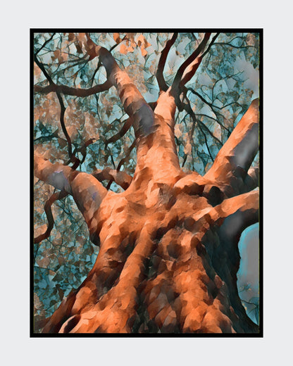 Digitale Fotografie auf Leinwand von Ralf Sempf, Titel: "Himmelwärts strebend", 80 x 60 cm, Leinwand mit Keilrahmen, expressive Bearbeitung, warme Orangetöne, bläulich-grüne Blätter, Froschperspektive, kraftvolle Darstellung eines Baumes, einzigartige Textur. Bei ARTSPACER