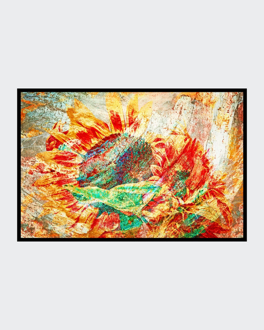Ralf Sempf Sonnenblume, abstrakt-expressionistische Fotomontage, Doppelbelichtung, Rot-Gelb-Türkis-Töne