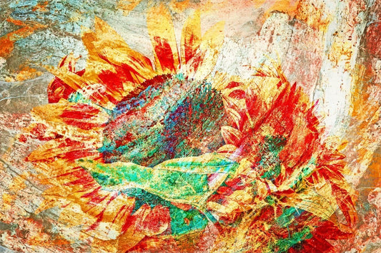 Ralf Sempf Sonnenblume, abstrakt-expressionistische Fotomontage, Doppelbelichtung, Rot-Gelb-Türkis-Töne