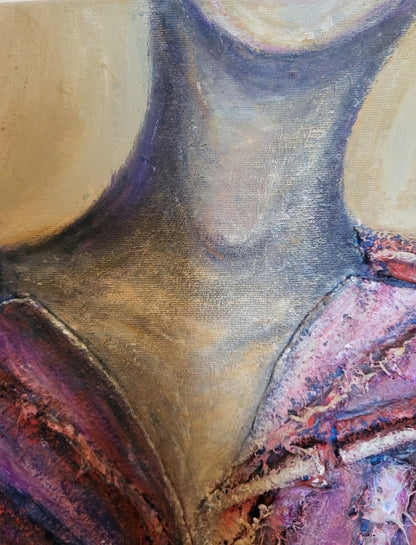 Expressive Fashion Art „Anziehend“ von Rovena Roveli D’Arco mit einer Jackenform aus Acryl, Textil und Pelz in Violett, Pink, Blau und Rot.