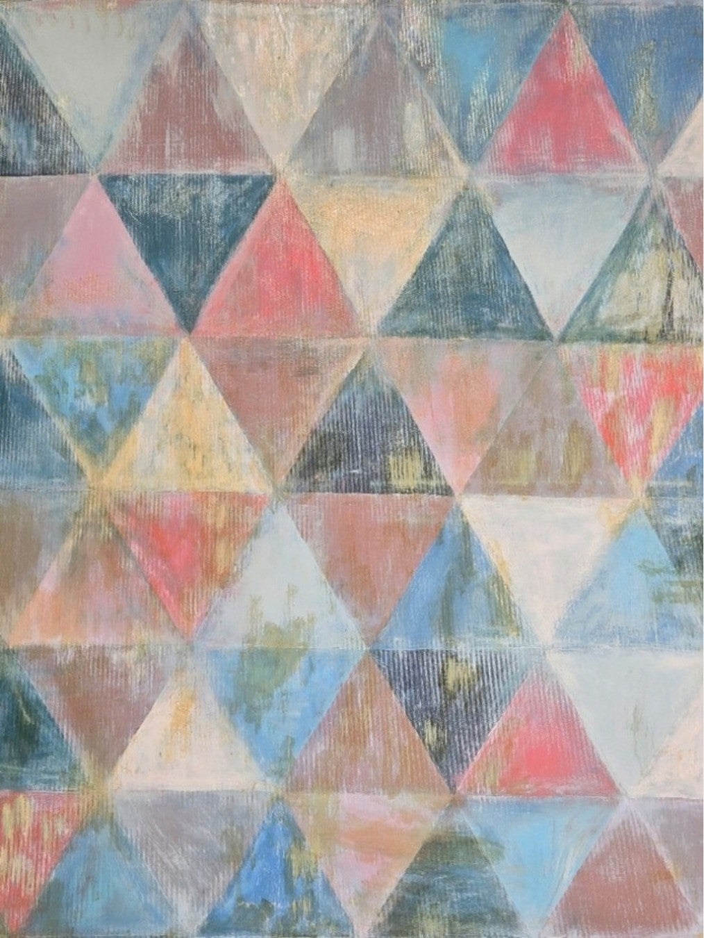 Geometrisch-abstrakte Acrylmalerei „Das Patchwork der Zeit“ von Rovena Roveli D’Arco in Creme, Rot, Salbeigrün, Hellblau und Grau.