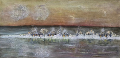 Winterliche Ölmalerei „Heimat im Schnee“ von Rovena Roveli D’Arco mit verschneiter Landschaft, Häusern, Baumgruppen und einem hellen Winterhimmel.