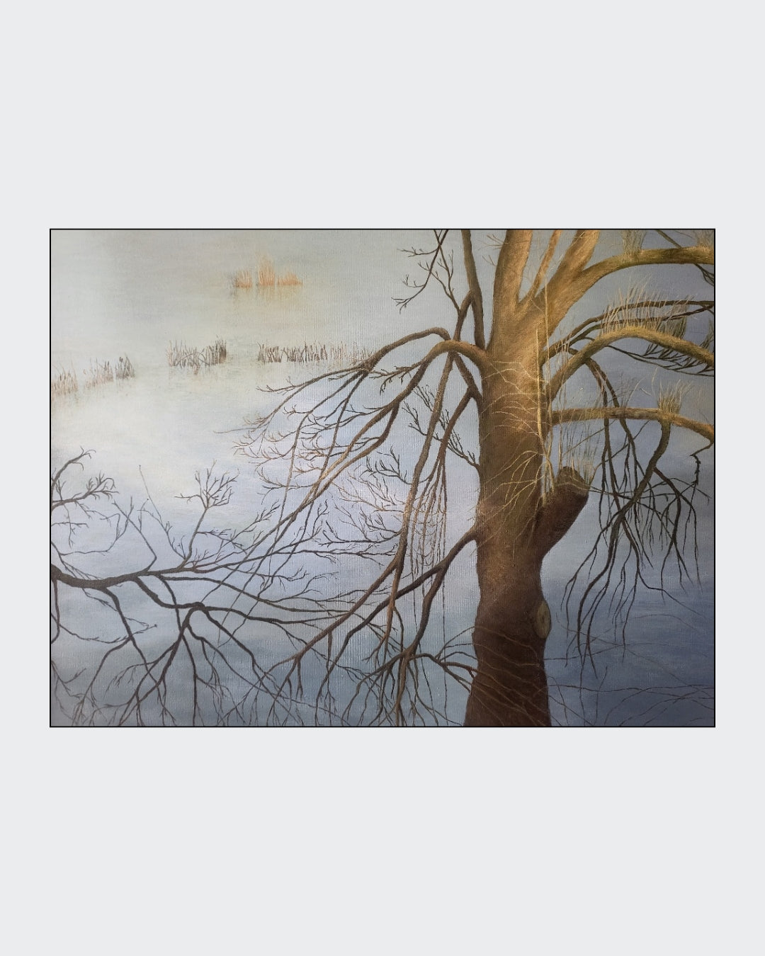 Atmosphärische Landschaftsmalerei „Lichtmomente am Rhein“ von Rovena Roveli D’Arco mit überschwemmter Uferlandschaft, kahlen Bäumen und Lichtspiegelungen.