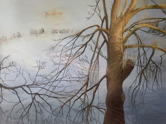 Atmosphärische Landschaftsmalerei „Lichtmomente am Rhein“ von Rovena Roveli D’Arco mit überschwemmter Uferlandschaft, kahlen Bäumen und Lichtspiegelungen.