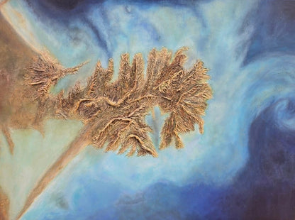 Großformatige abstrakte Acrylmalerei „Unendlichkeit im Blick“ von Rovena Roveli D’Arco mit reliefartigen Strukturen in Blau, Türkis, Sand und Gold.
