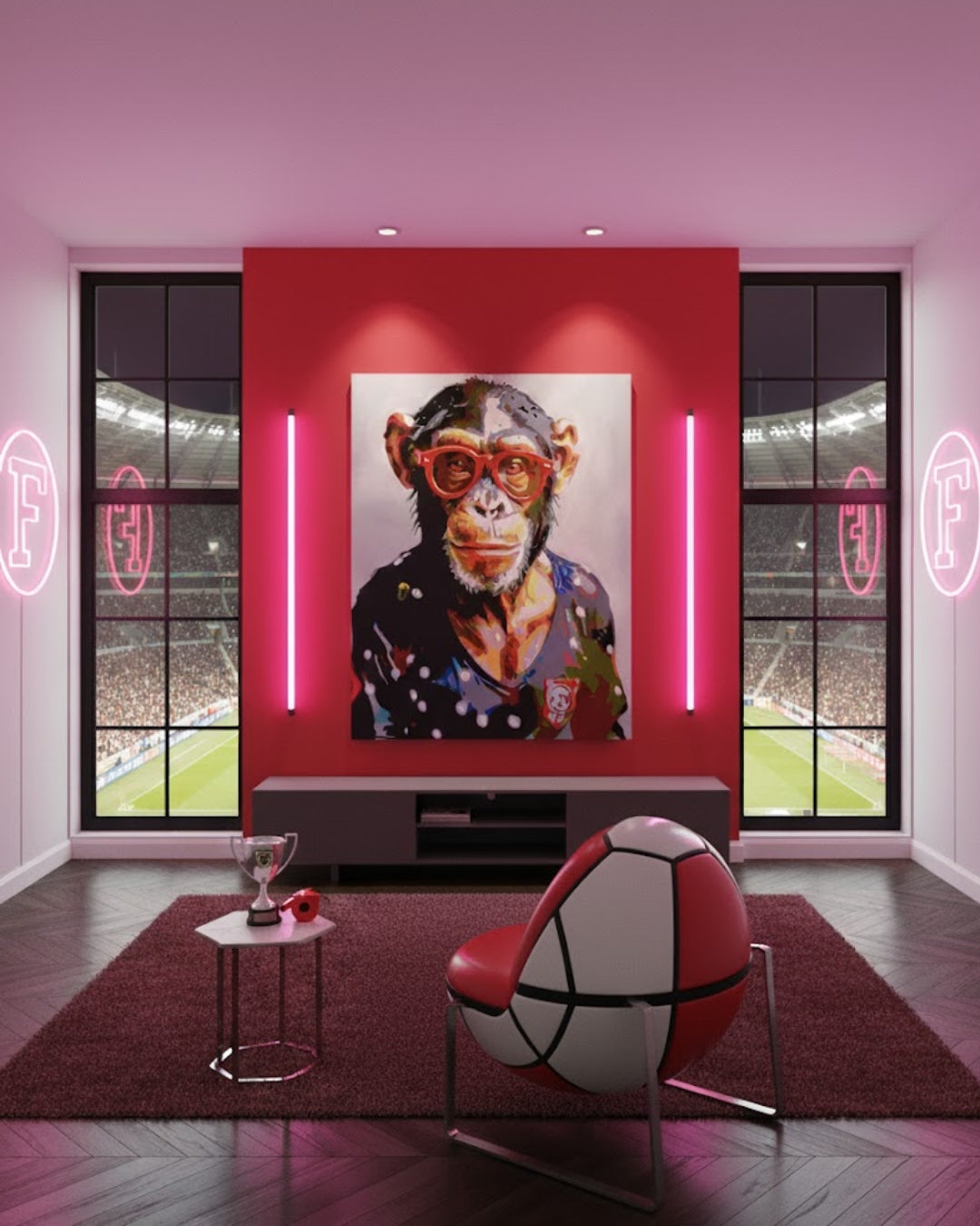 Pop-Art-Kunstwerk „Annemie“ von Sabine Hoch-Himmighofen – Affenlady mit Fortuna-Trikot als Fine Art Print oder Leinwandbild.