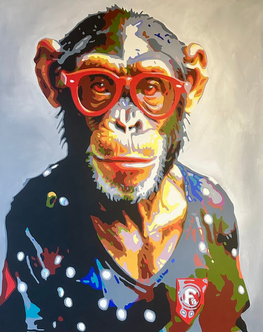 Pop-Art-Kunstwerk „Annemie“ von Sabine Hoch-Himmighofen – Affenlady mit Fortuna-Trikot als Fine Art Print oder Leinwandbild.