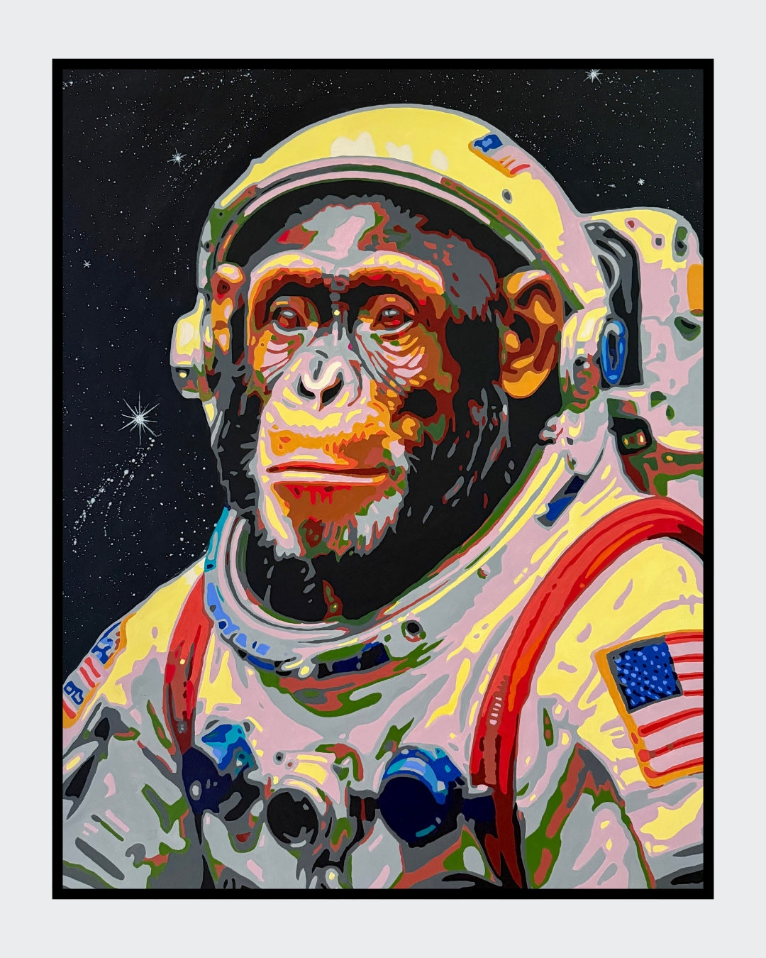 Pop-Art-Kunstwerk „Armstrong“ von Sabine Hoch-Himmighofen – Astronautenaffe als Fine Art Print oder Leinwand-Digigrafie.