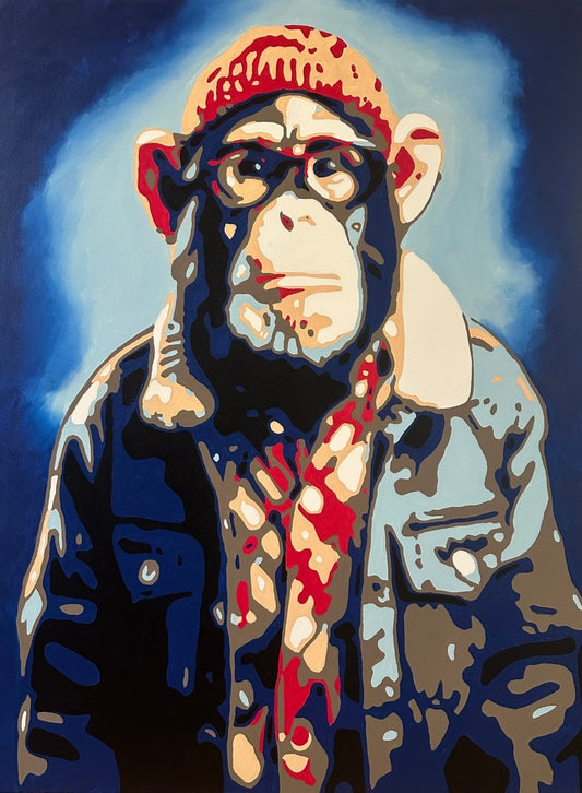Pop-Art-Affe Björn von Sabine Hoch-Himmighofen in Jeansjacke, inspiriert von nordischer Gelassenheit, limitierte Edition.