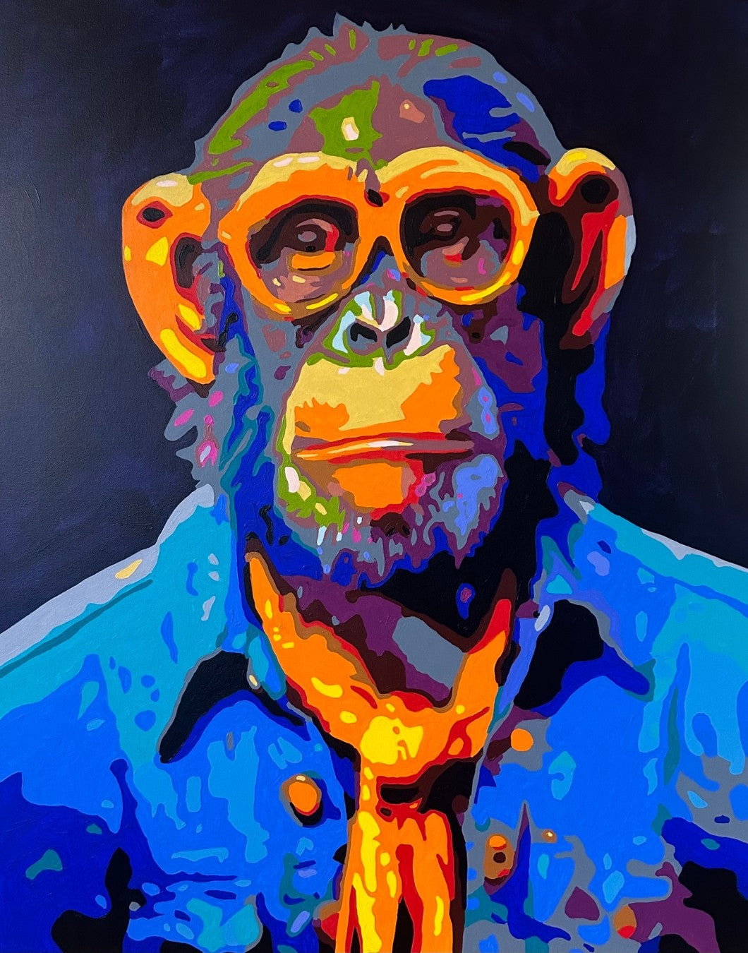 Farbstarkes Pop-Art-Porträt eines Affen mit Brille – „Elton“ von Sabine Hoch-Himmighofen, limitierte Edition als Fine Art Print oder Leinwanddruck.